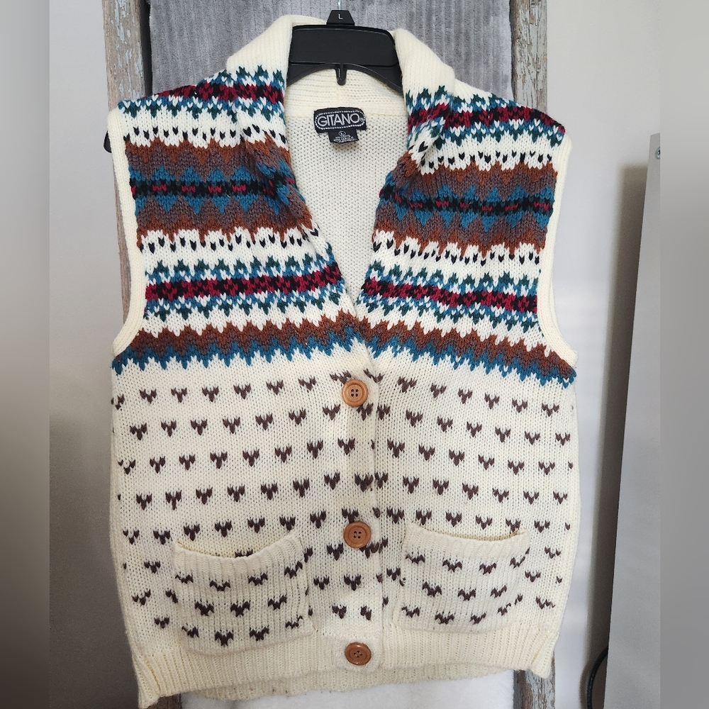 VTG 80s Gitano Fair Isle Knit Button Sweater Vest L